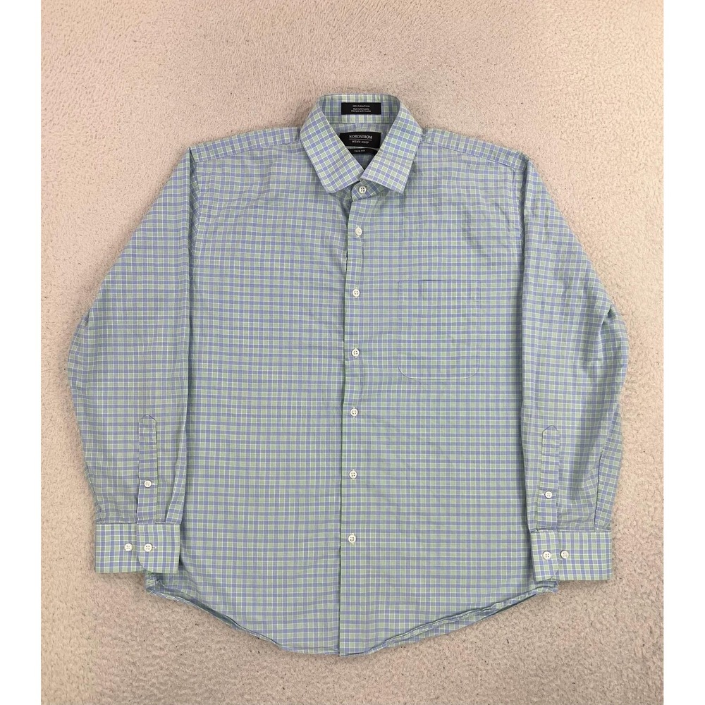 Nordstrom Men's Shop Dress Shirt Mens 16.5 32/33 Blue Check Trim Fit Cotton LS